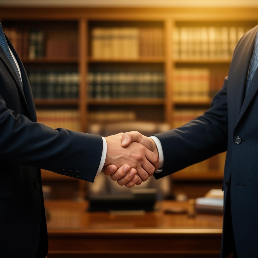Professional handshake in a law office signaling trust and confidentiality